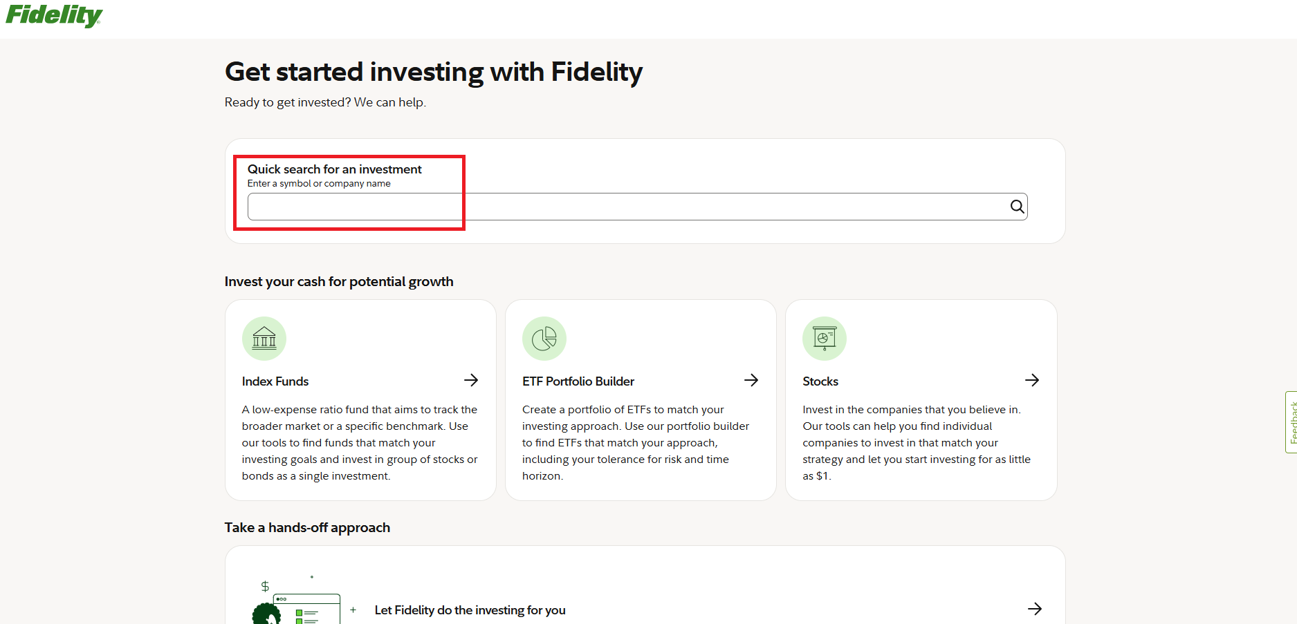 Fidelity Getting Started page — search box highlighted in red