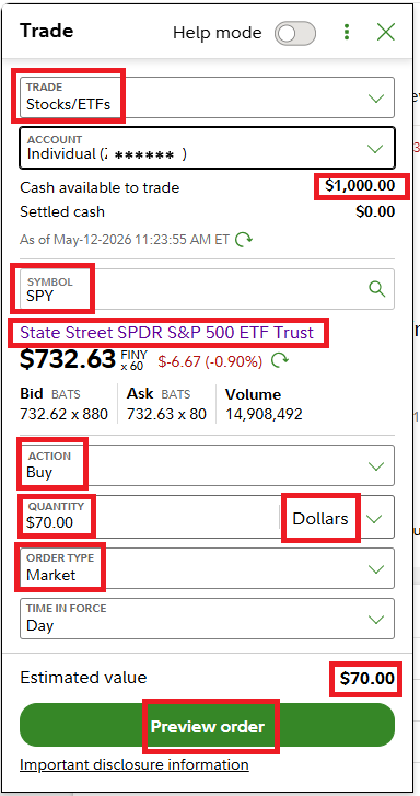 SPY Trade panel with all fields filled in