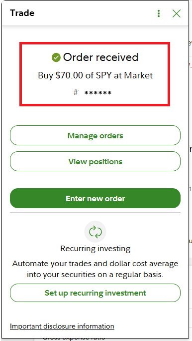 SPY Order Received confirmation