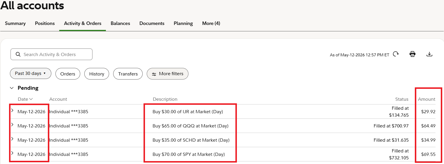 Fidelity Activity and Orders showing filled prices and amounts